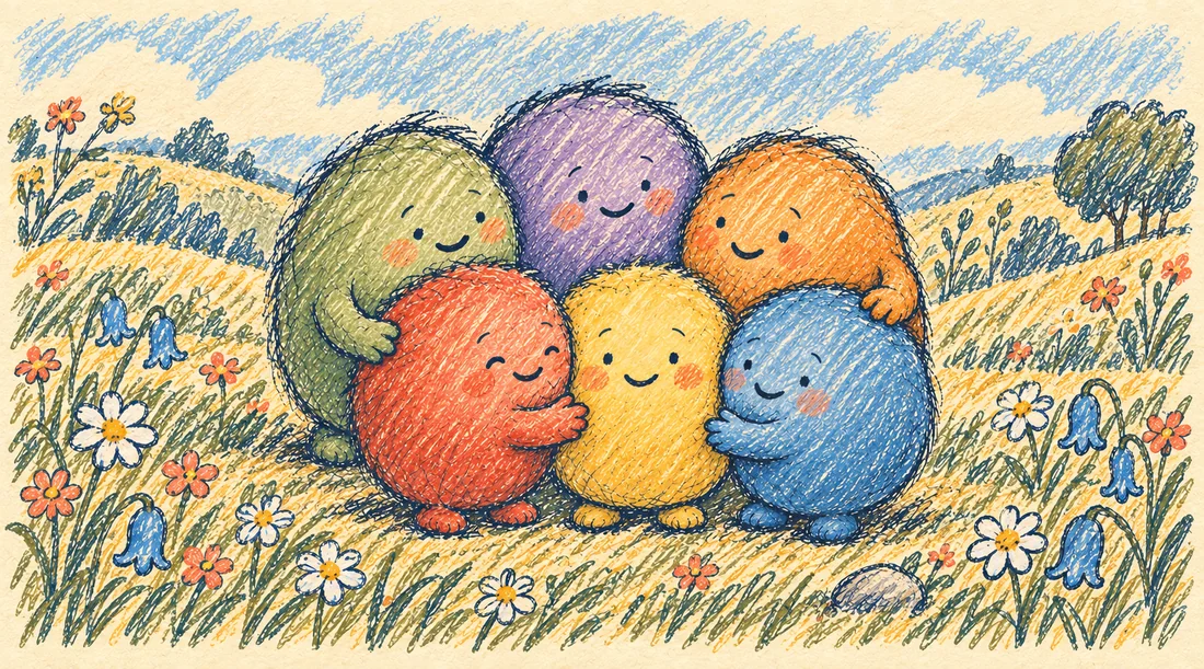 Colourful friends sharing a hug in a garden