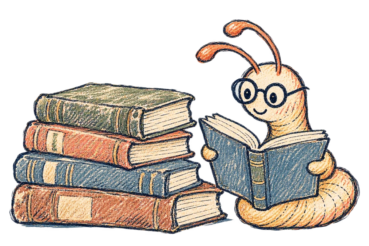 The hand-drawn Love to Read bookworm, in round glasses, reading a blue book beside a pile of storybooks