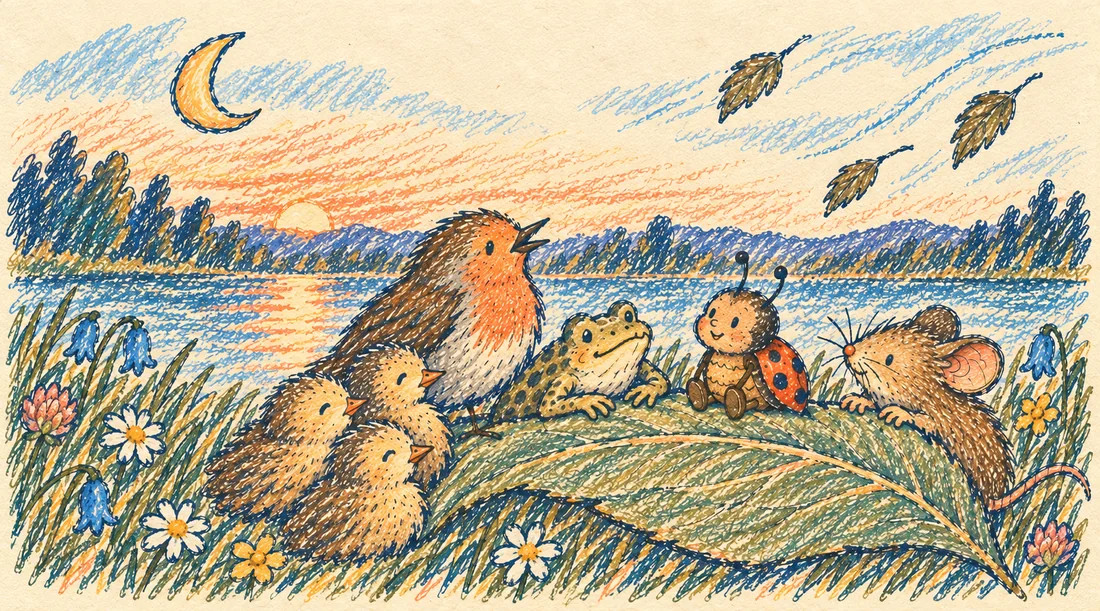 A ladybird sharing a glowing evening by the water with woodland friends