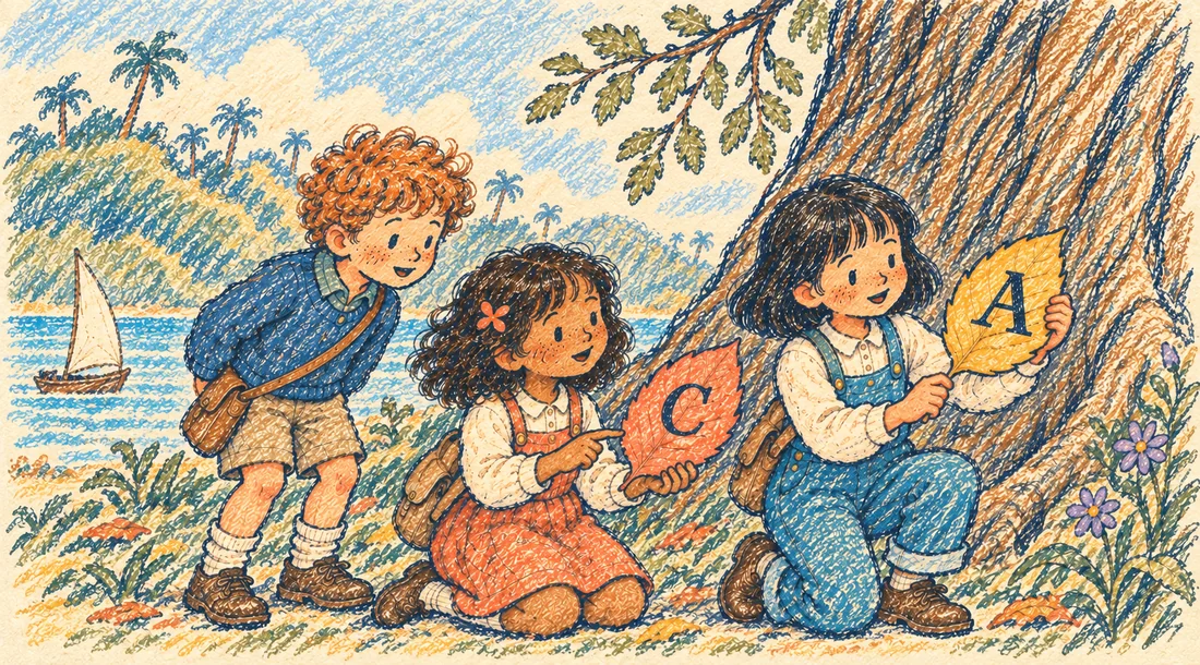Three children by a large tree, holding up leaves marked with the letters C and A